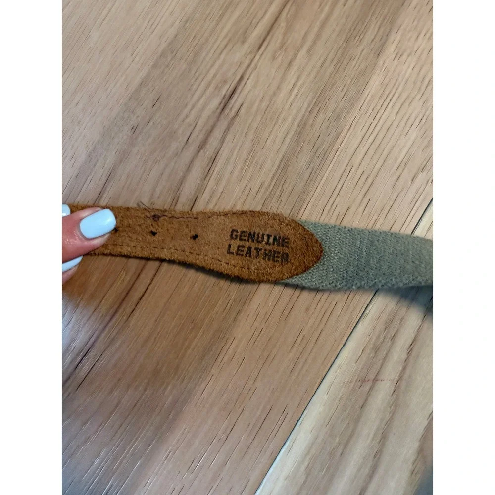 Webbed Canvas Belt Mens 40 Tan with brown Leather Trim Brass Buckle made in USA